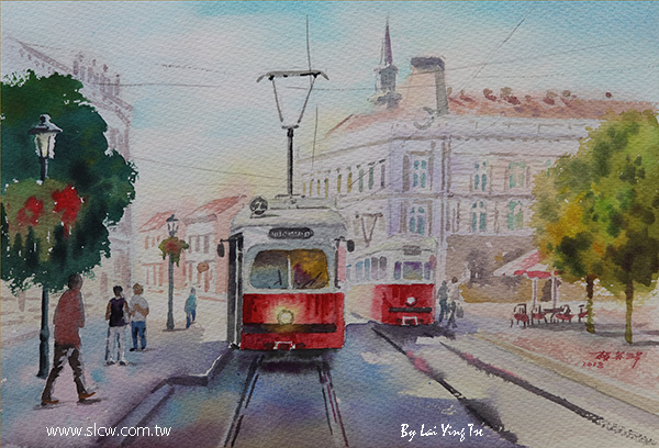 Trams in Prague_painted by Lai Ying-Tse 布拉格街車